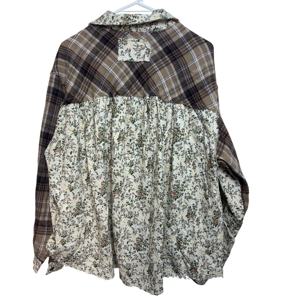 POL Mixed Media Plaid Floral Button Down Shirt Brown Womens S Baloon Sleeve Boho - Picture 8 of 10